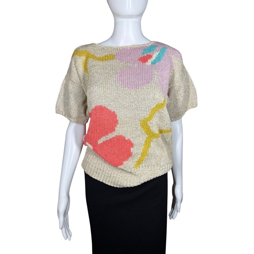 Vintage 90s Liz Claiborne Linen Floral Knit Short Sleeve Sweater Top Medium